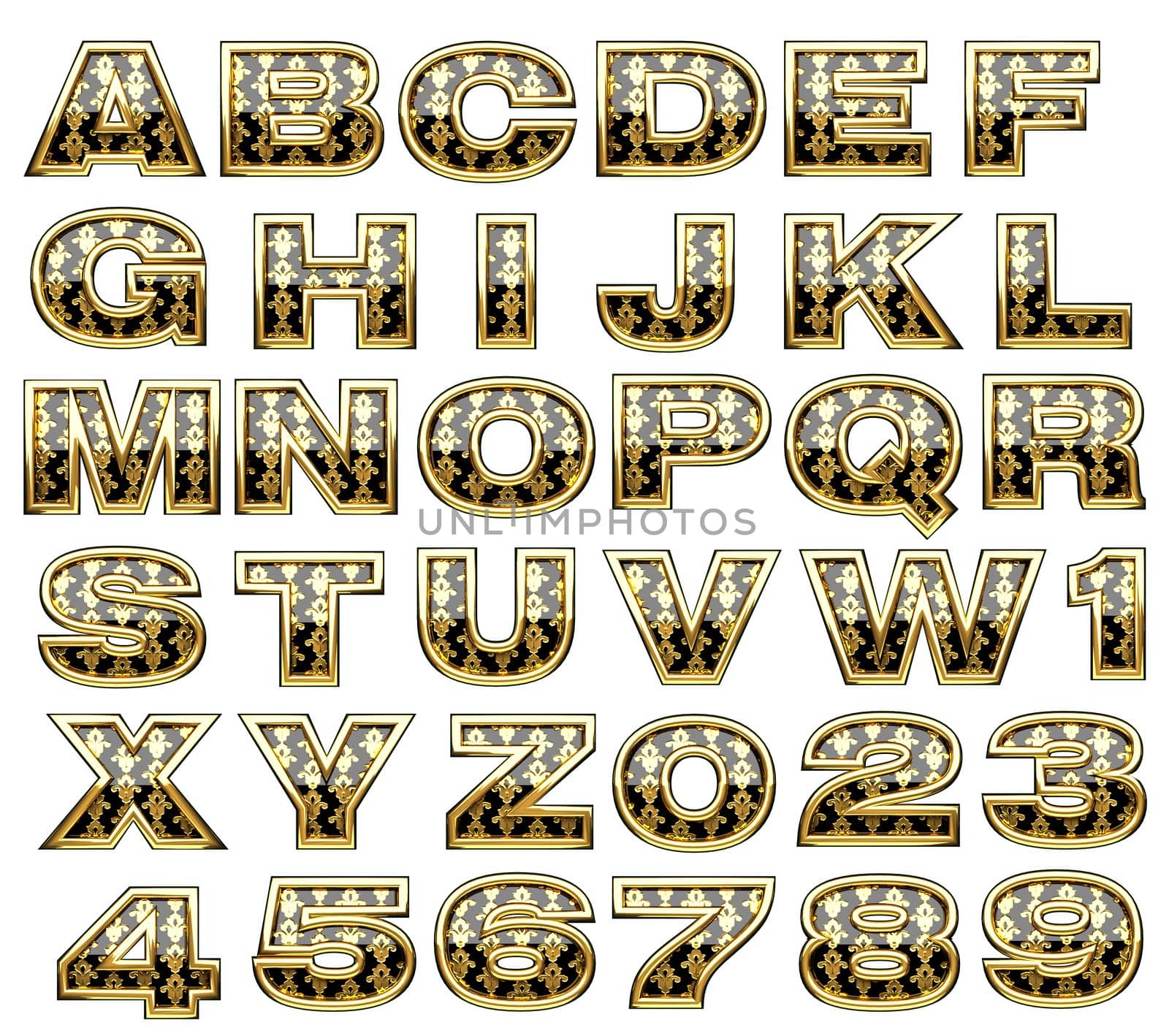 golden alphabet set on white