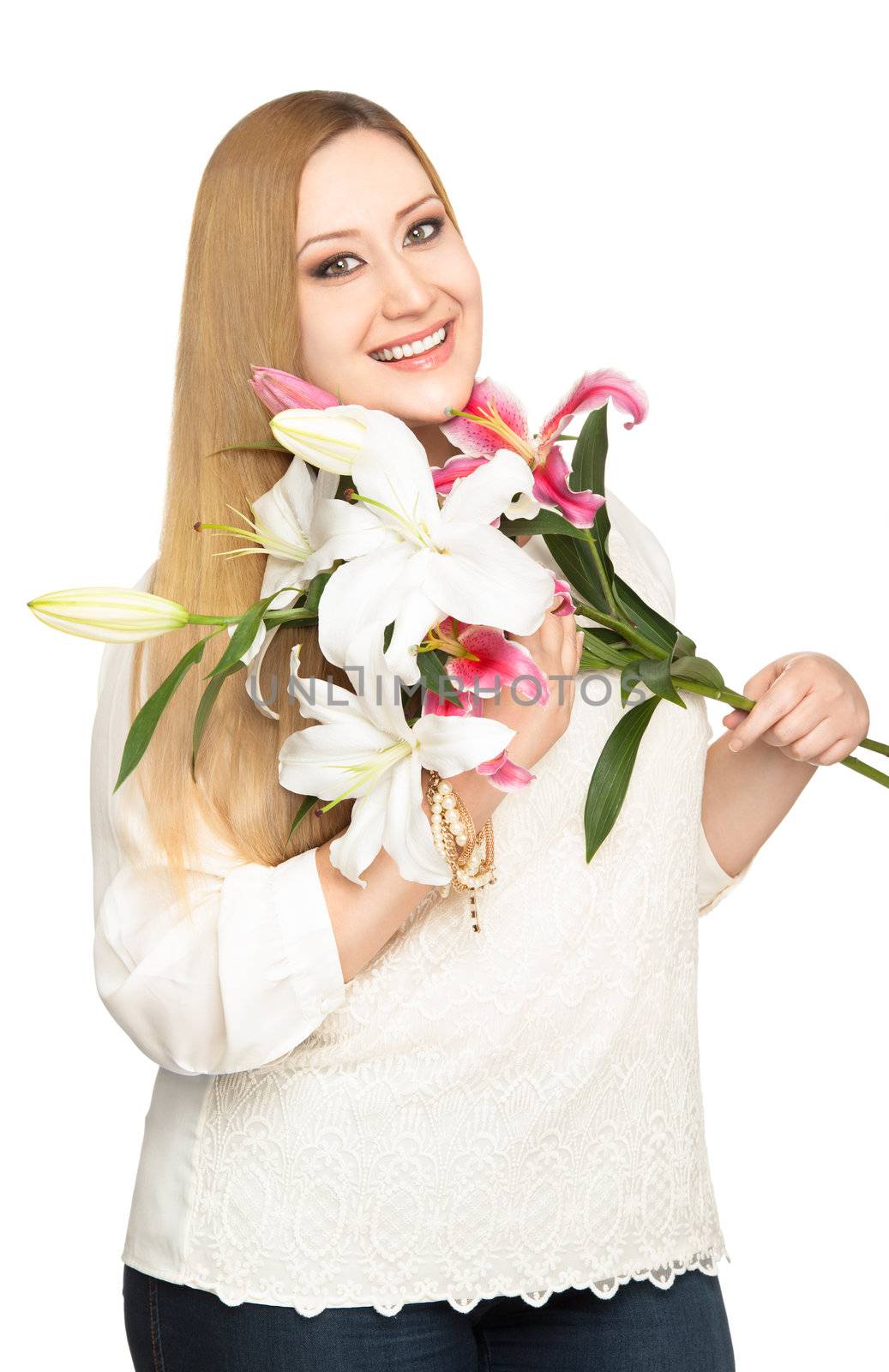 Overweight woman hodling lilies, smiling to camera, isolated on white