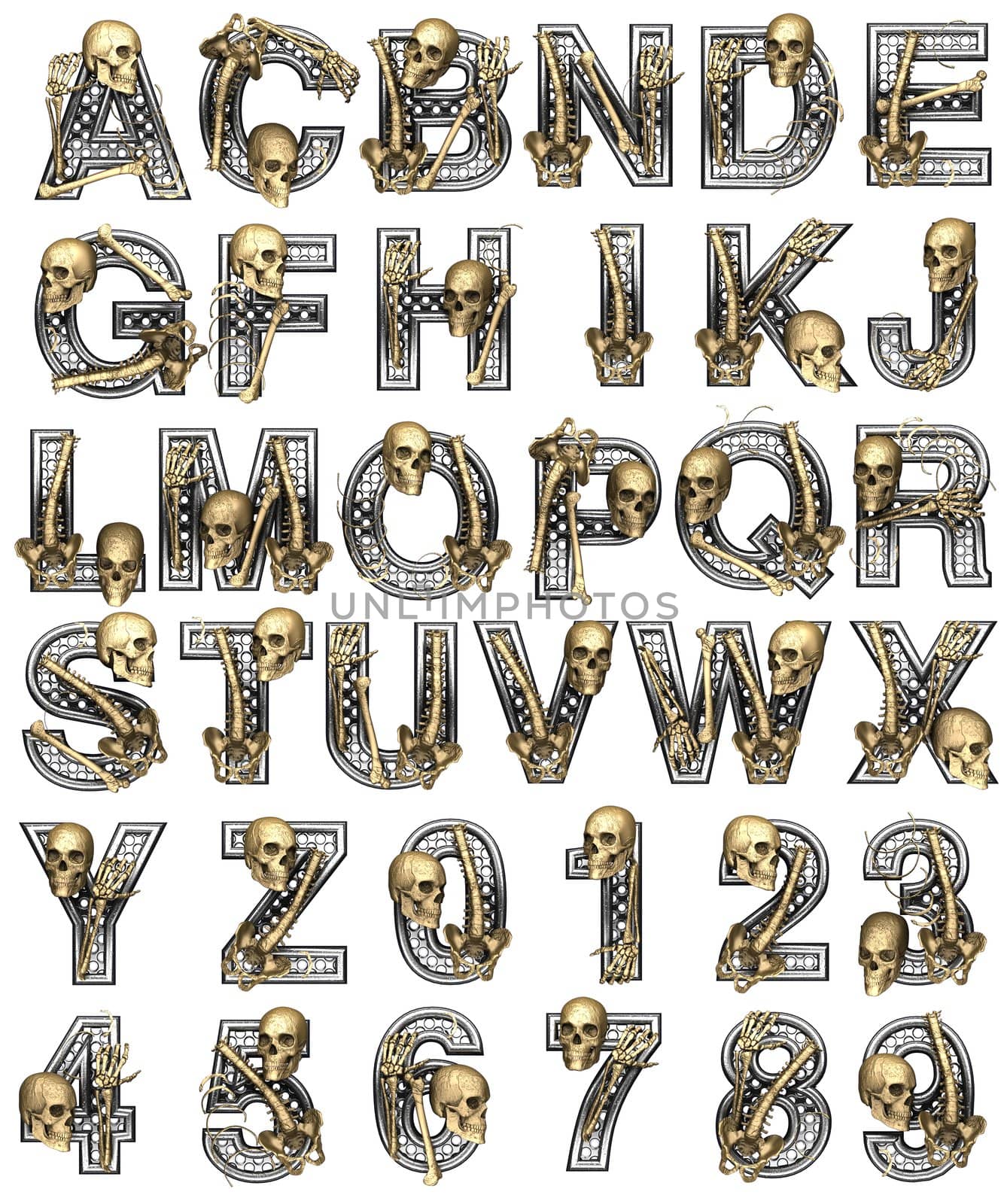Metal alphabet with skeleton on white