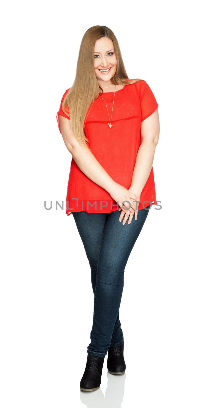 Charming xxl woman smiling and standing on white background