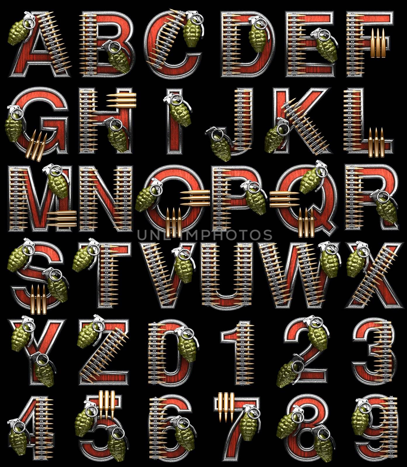 military alphabet set on black