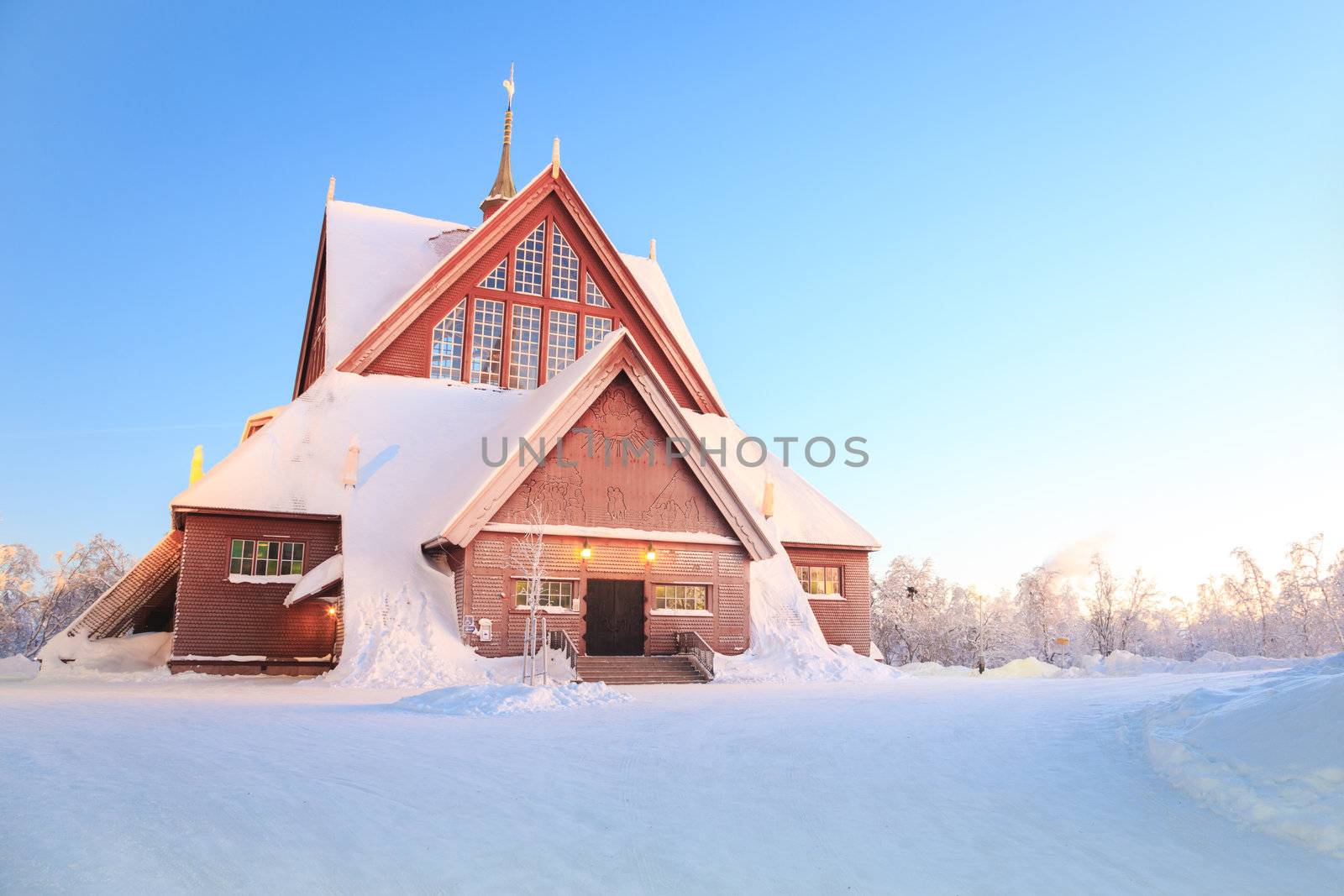 Kiruna cathedral church Architecture Sweden at dusk twilight with star trail