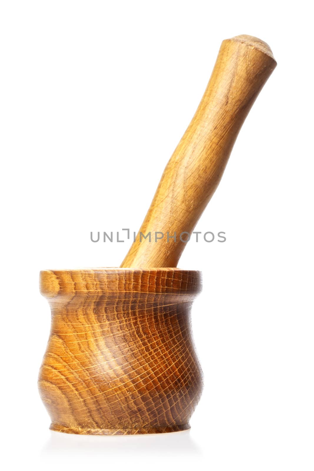 wooden pestle and mortar isolated on white