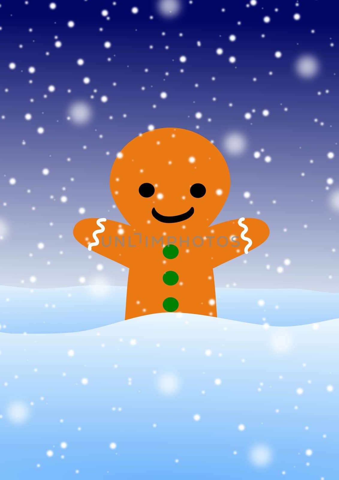 Illustration of a gingerbread man in the snow