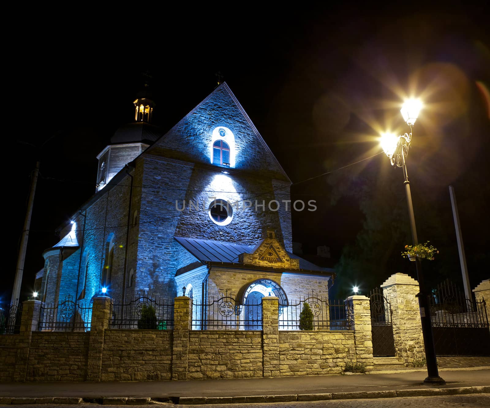 Trinity Church in Kamianets-Podilskyi, Ukraine, at night