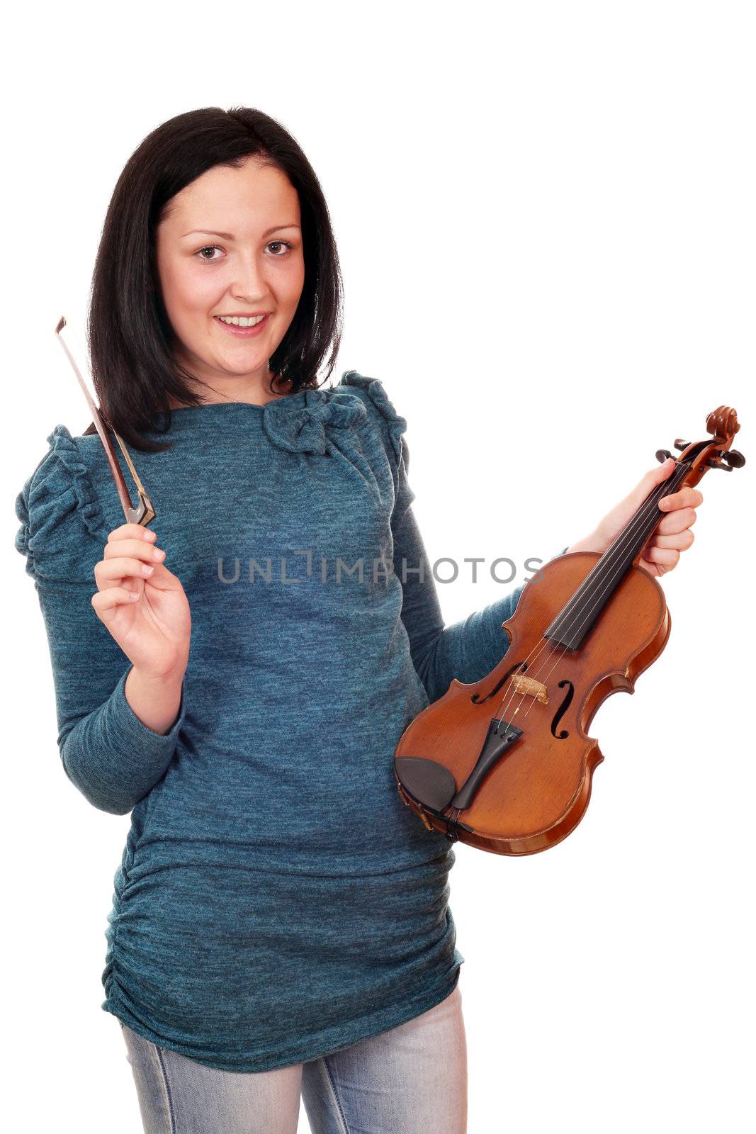 beautiful teenage girl with violin on white 