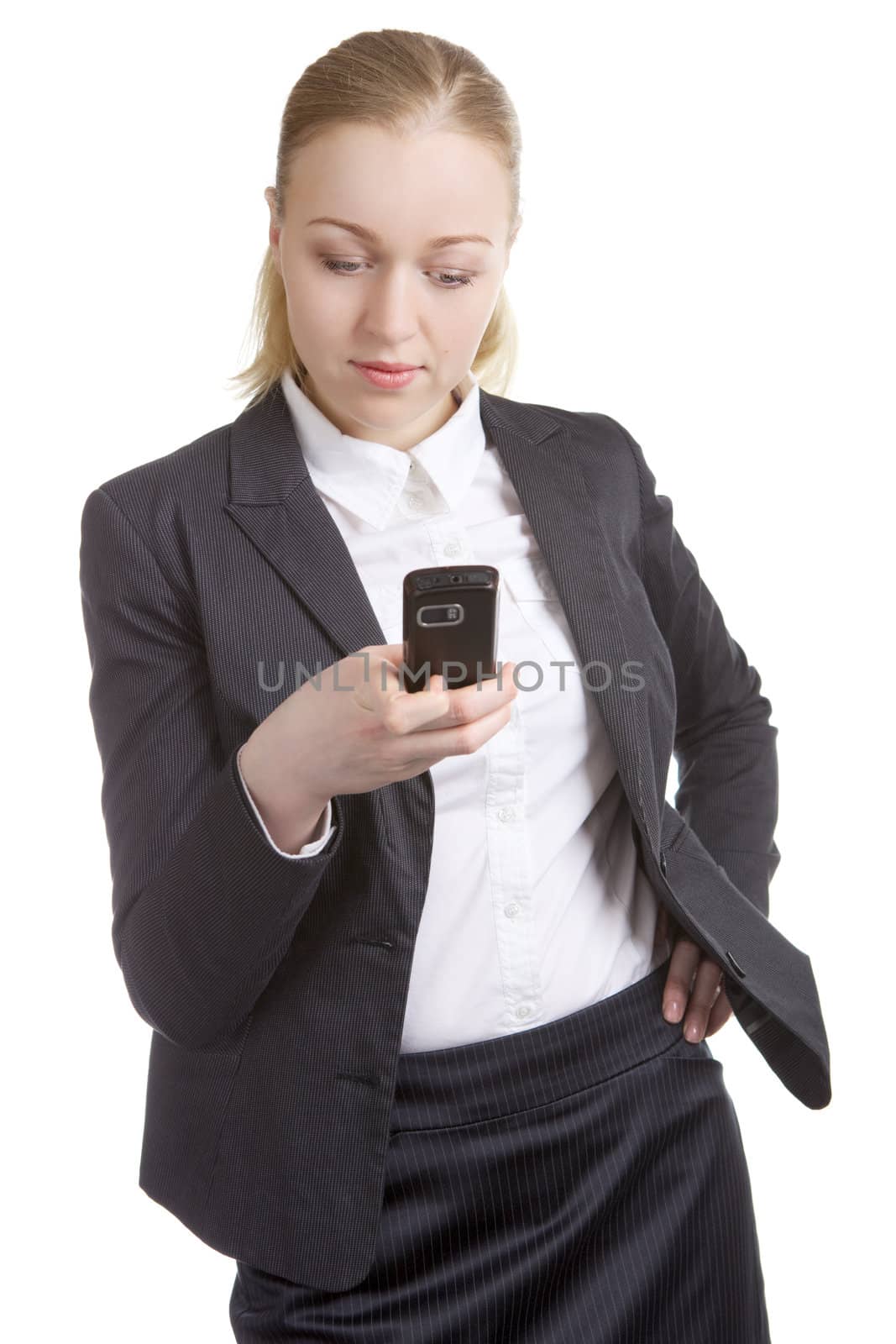 happy business woman call on cell phone, isolated on white