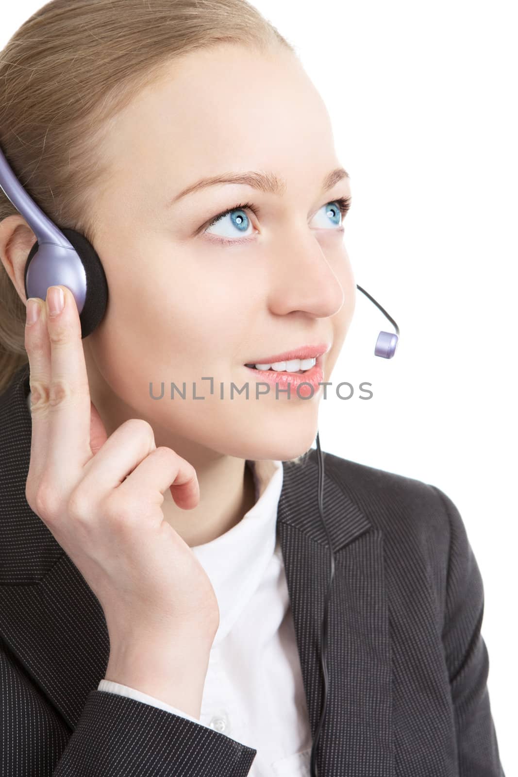 businesswoman talking with clients on headset, isolated on white