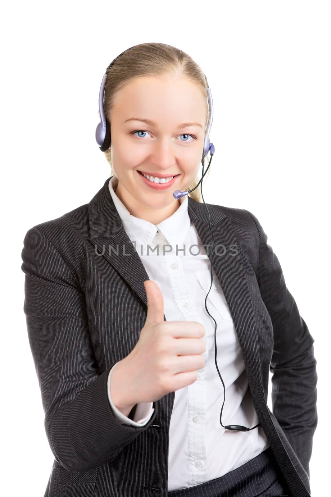businesswoman with headset thumbs up, isolated on white