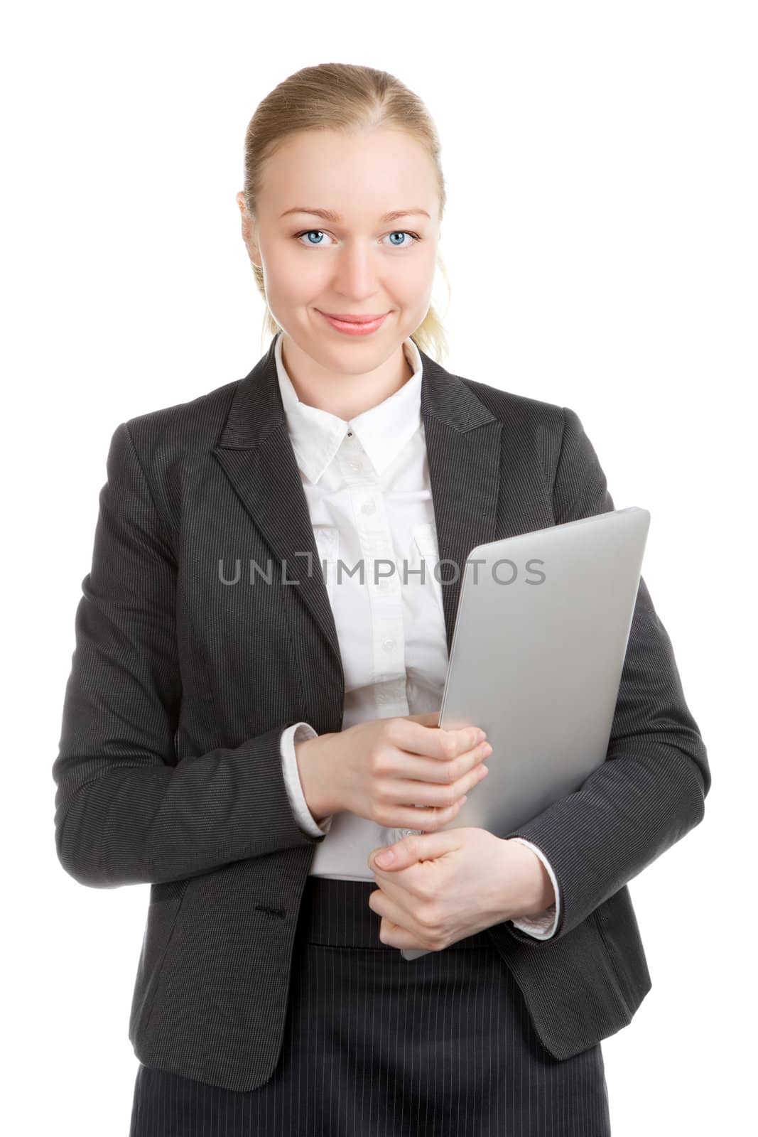 happy business woman with laptop, isolated on white
