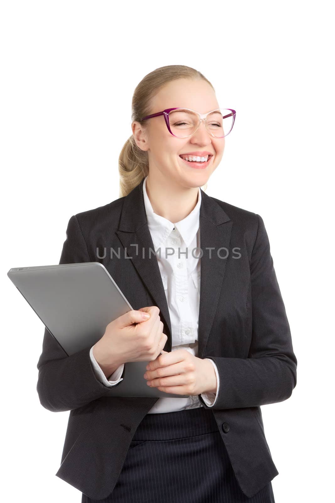 funny business woman with laptop and eyeglasses, isolated on white