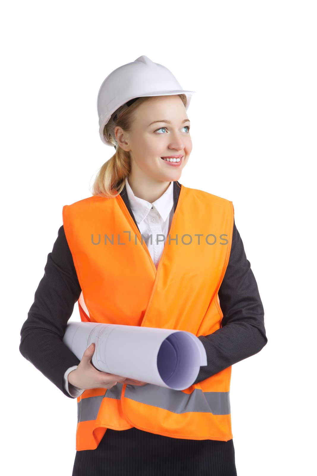 engineer woman with drawing, isolated on white