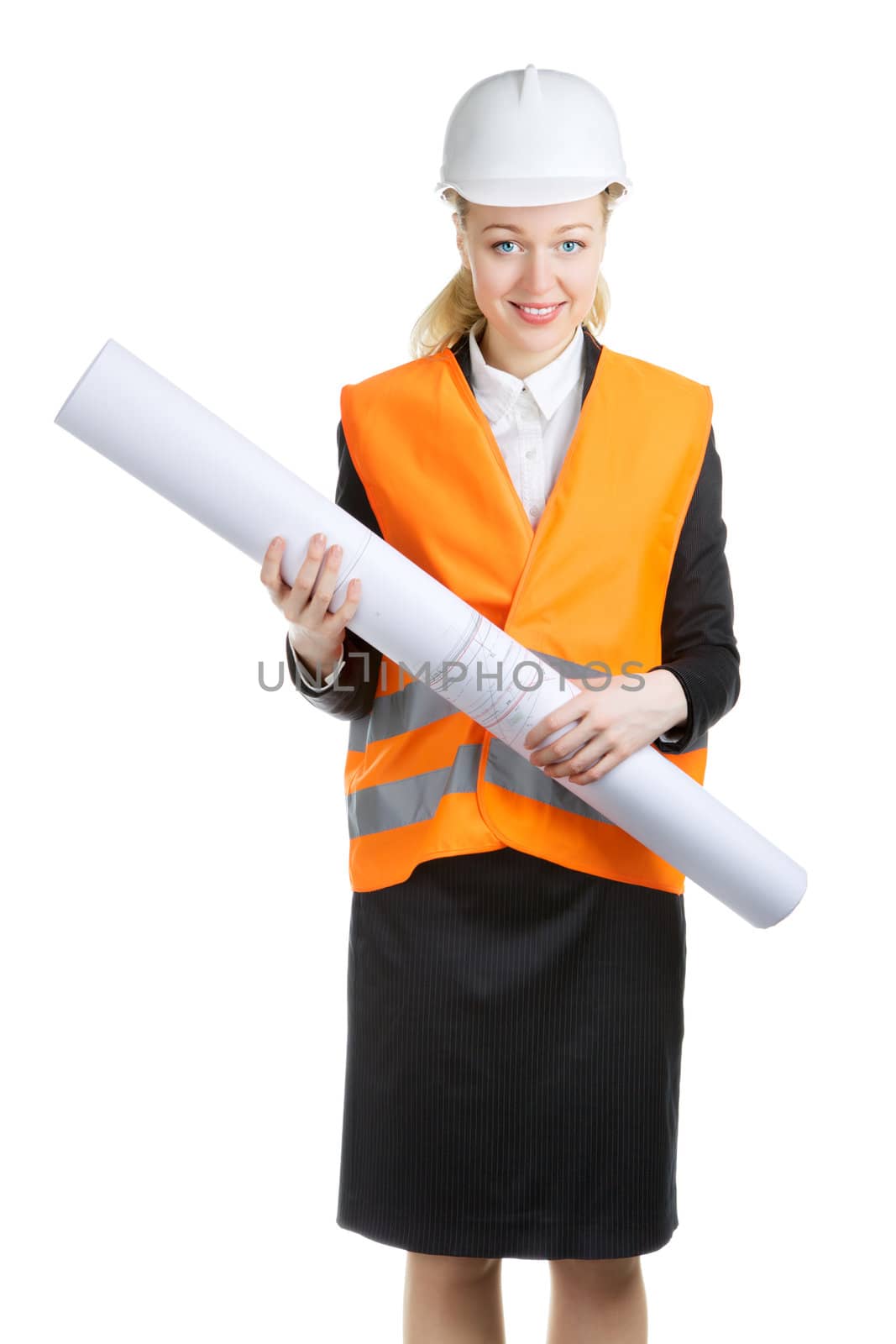 engineer woman with drawing, isolated on white