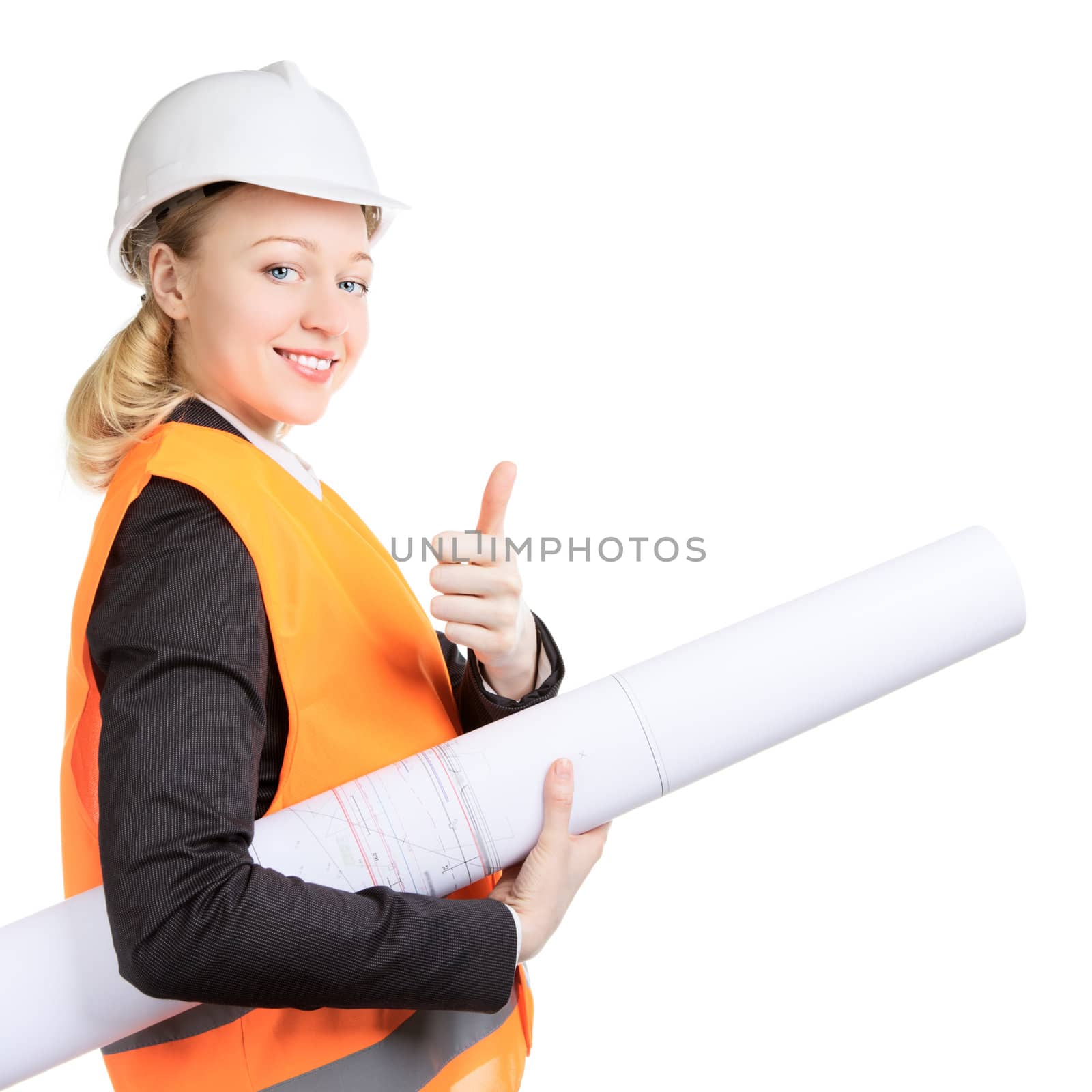 engineer woman with drawing thumbs up, isolated on white
