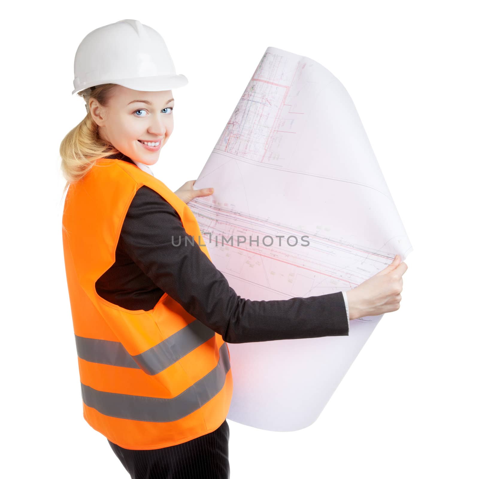engineer woman with drawing turn out, isolated on white