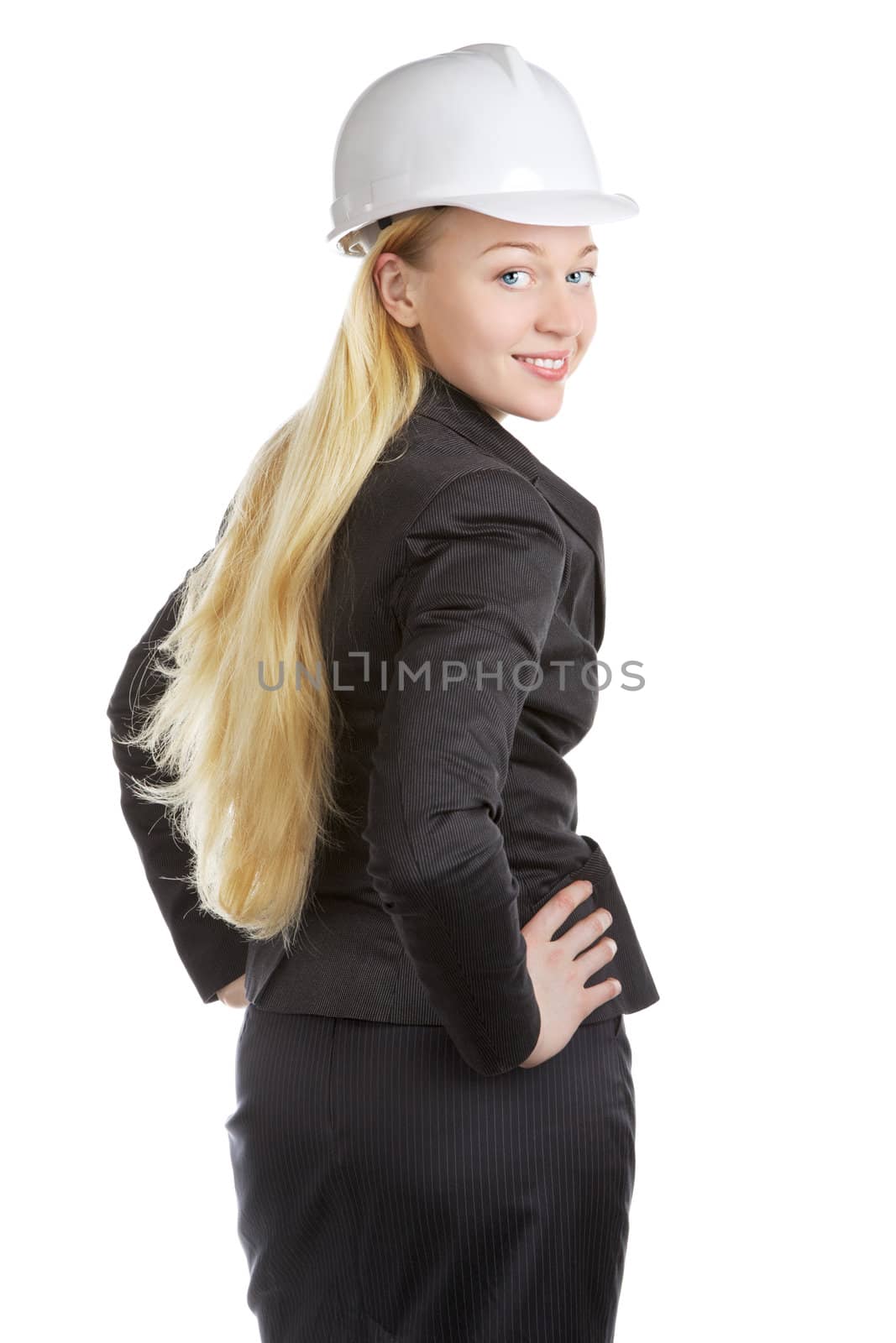 engineer woman turn back, isolated on white