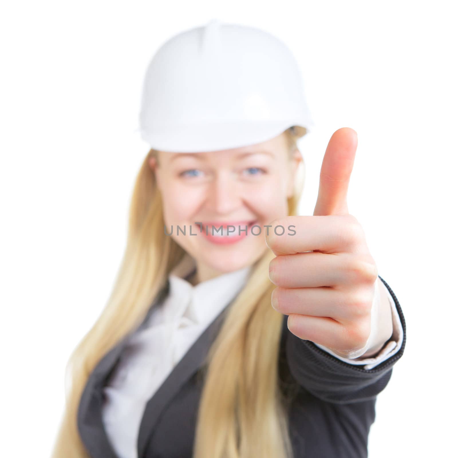engineer woman thumbs up, isolated on white