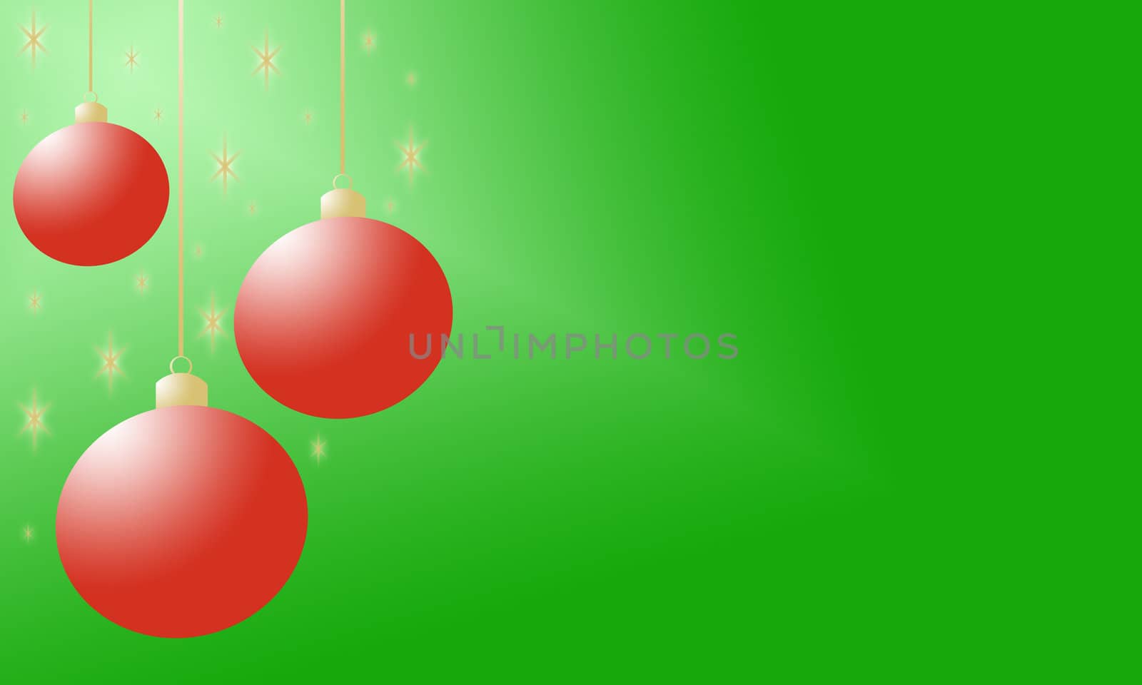 Abstract holiday background with red Christmas ornaments and glowing gold stars on a green background
