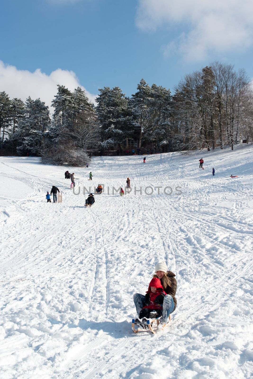 Stuttgart, Germany – February 9, 2013: Kids and families having fun with their sledges, bright and white winter scene on February 9, 2013 on the hills of Feuerbacher Heide in Stuttgart, Germany.