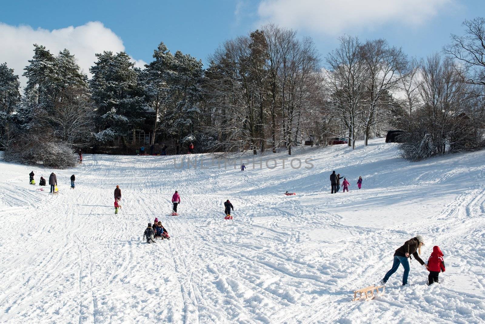 Stuttgart, Germany – February 9, 2013: Kids and families having fun with their sledges, bright and white winter scene on February 9, 2013 on the hills of Feuerbacher Heide in Stuttgart, Germany.
