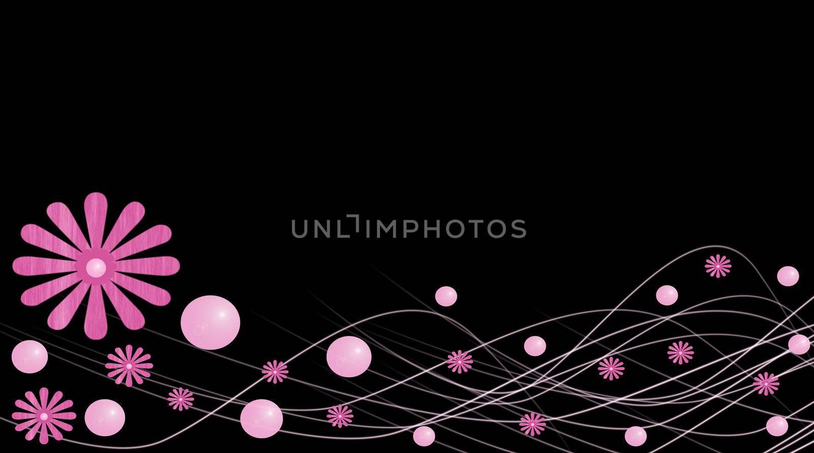 Abstract pink flowers and pink bubbles with glowing lines on black background