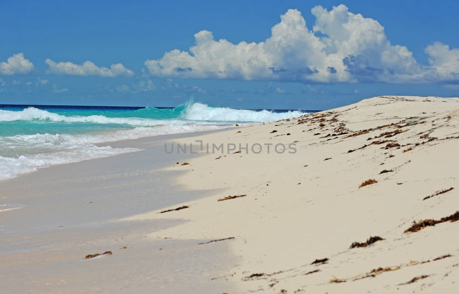A beach with nobody on it with crystal blue water and untouched white sand