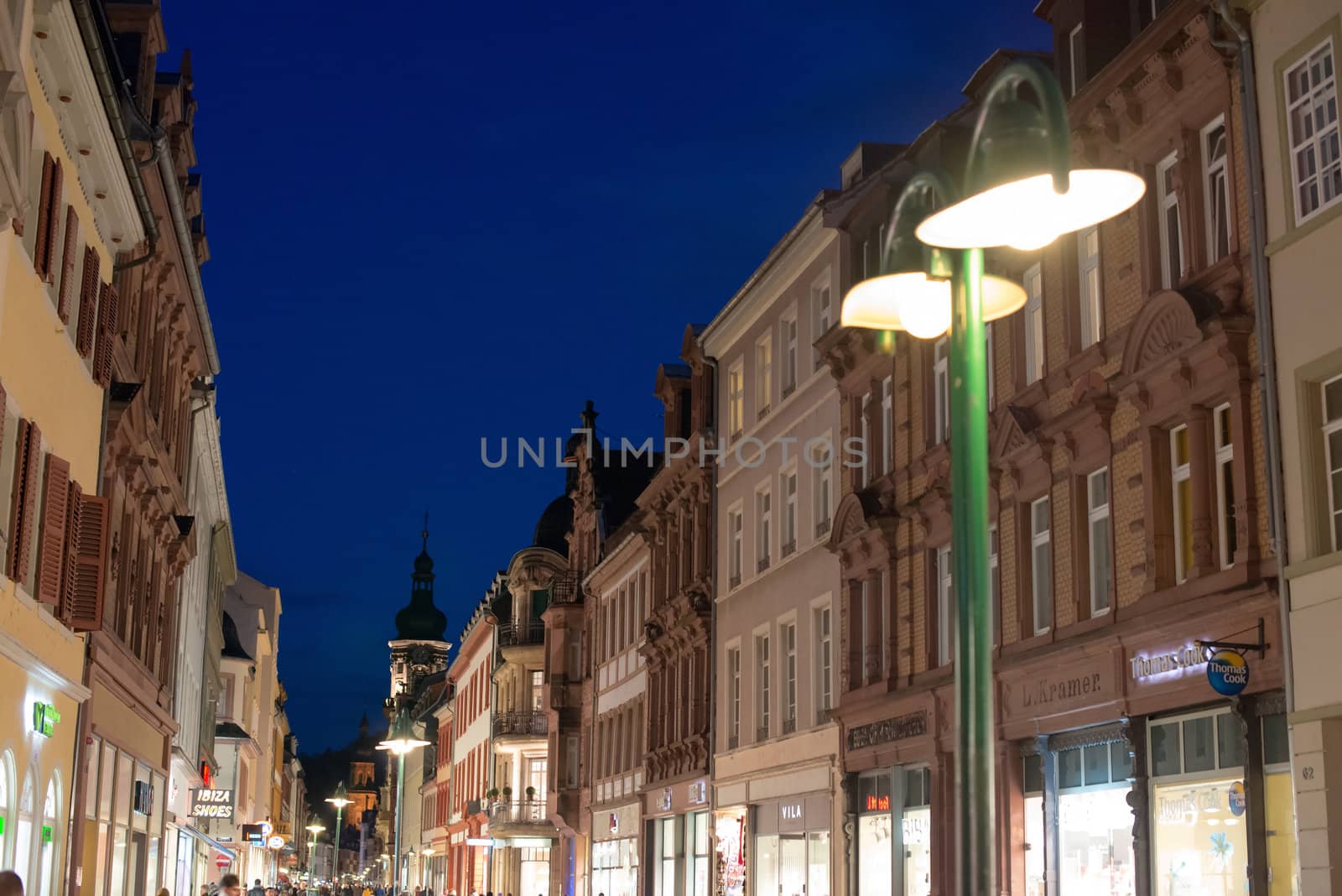 Heidelberg, Germany - February 2, 2013: The centre of Heidelberg, Germany with its beautiful medieval houses in the evening of February 2, 2013. Heidelberg is a well-known tourist attraction due to its old history and beautiful location at the Neckar river.