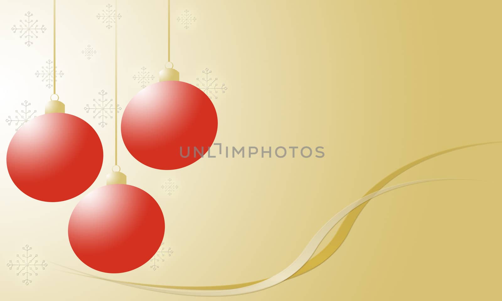 Red ornaments and snowflakes on gold abstract Christmas backgrou by ftlaudgirl
