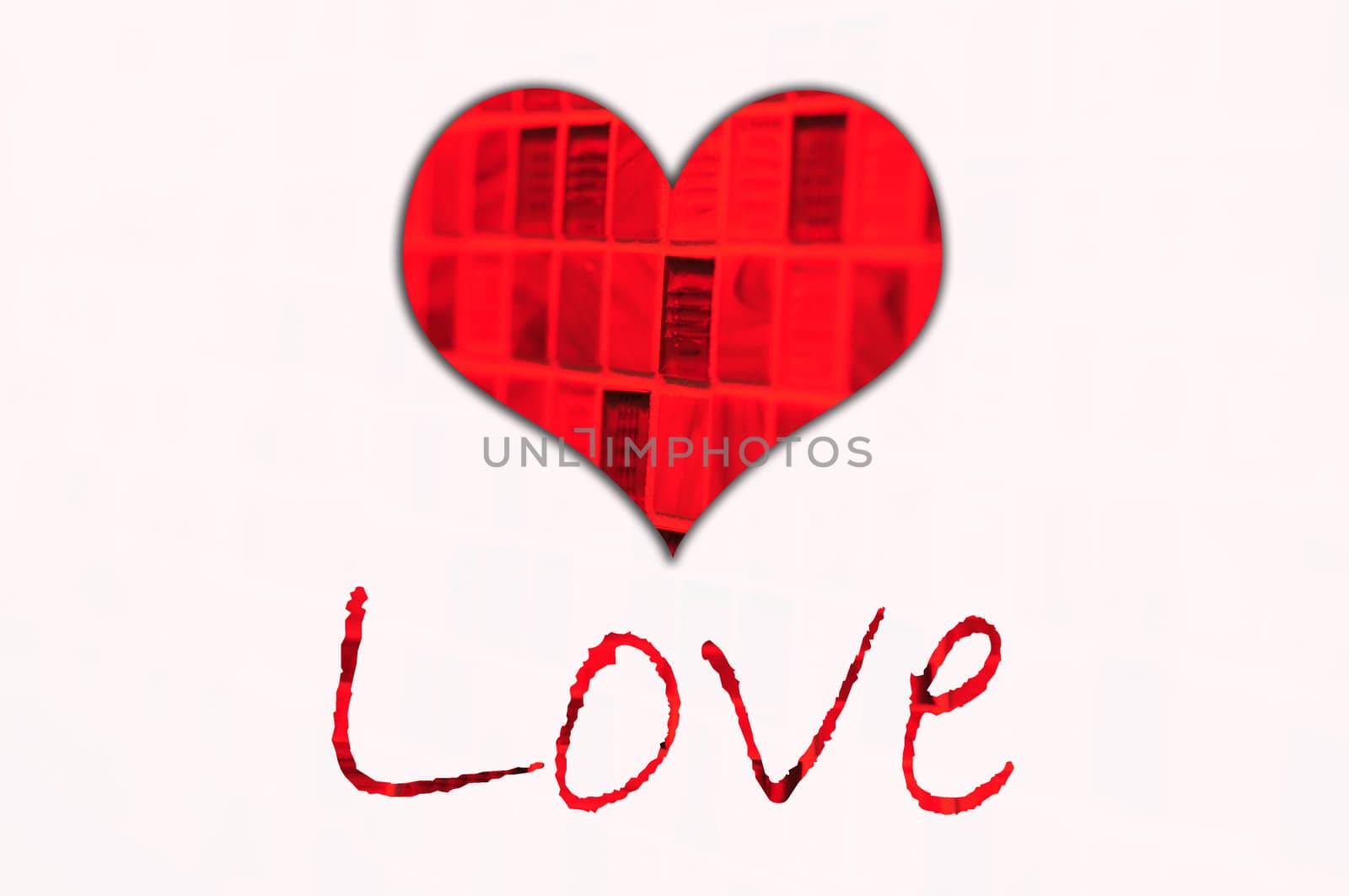 Background with red textured heart and the text love