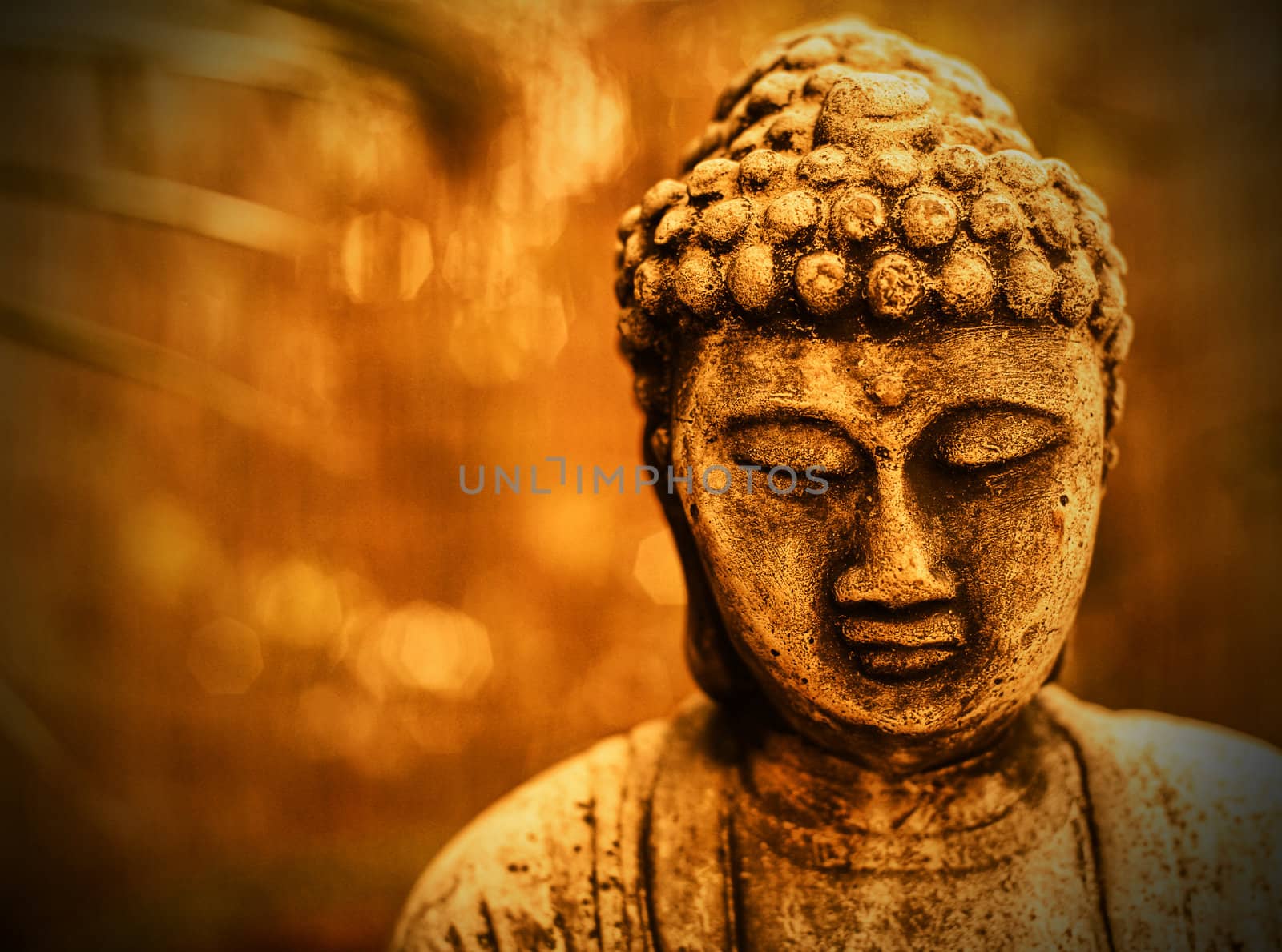 Close up of Buddha head in sepia