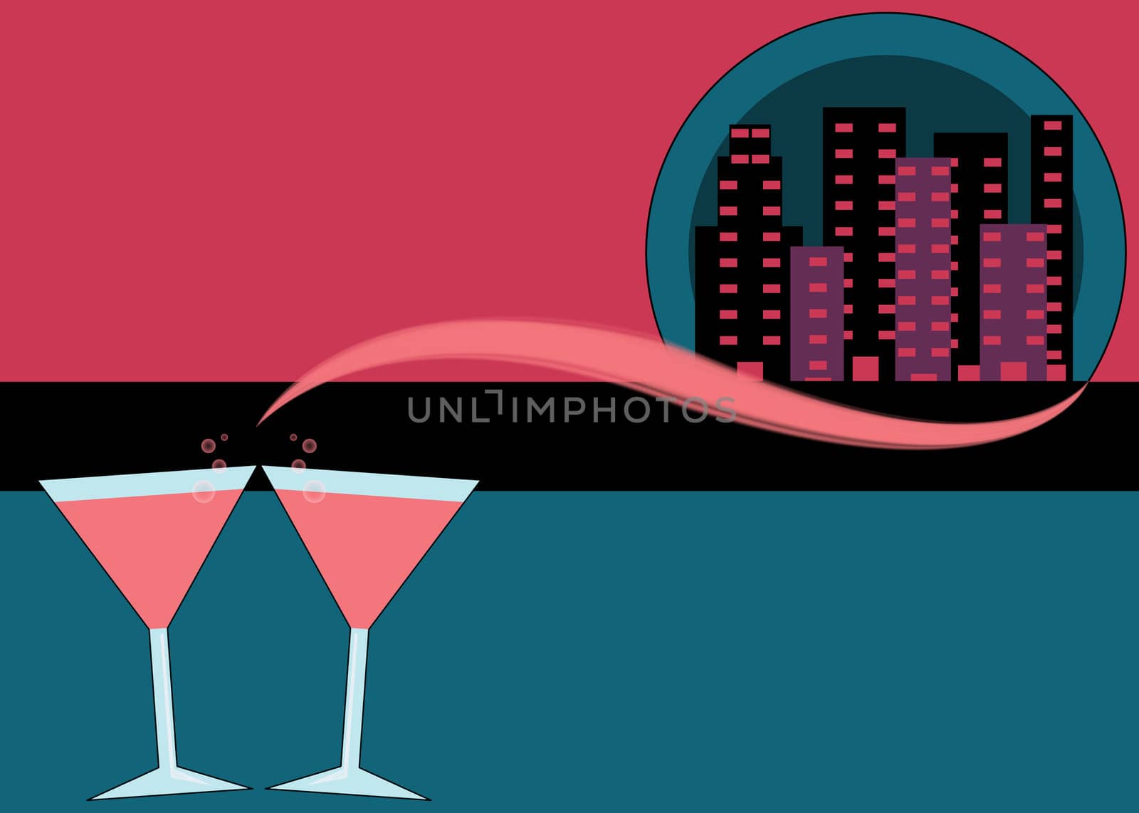 Two pink martini glasses and city lights for a night on the town