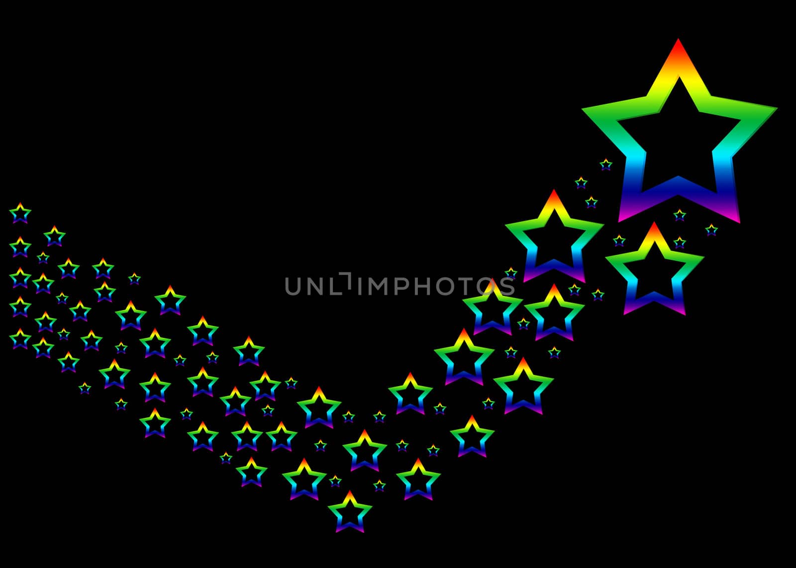 Many colorful rainbow stars on a black background