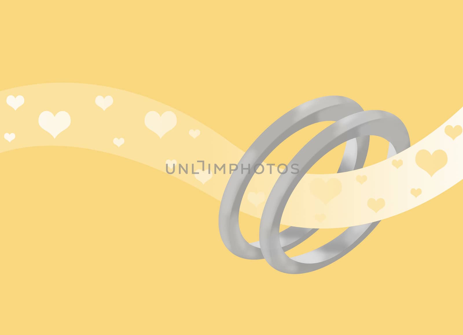 Two wedding rings on light orange background with a light swoosh with hearts