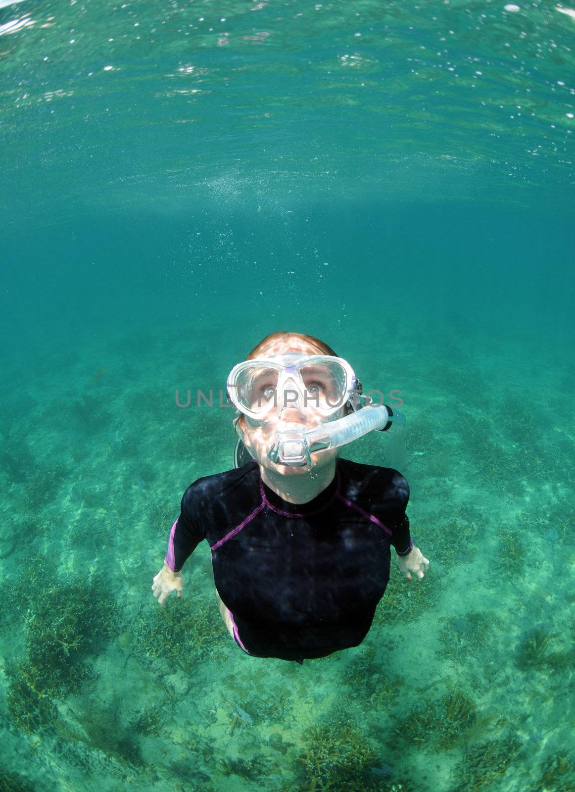 Woman with snorkel and dive mask snorkeling underwater in ocean