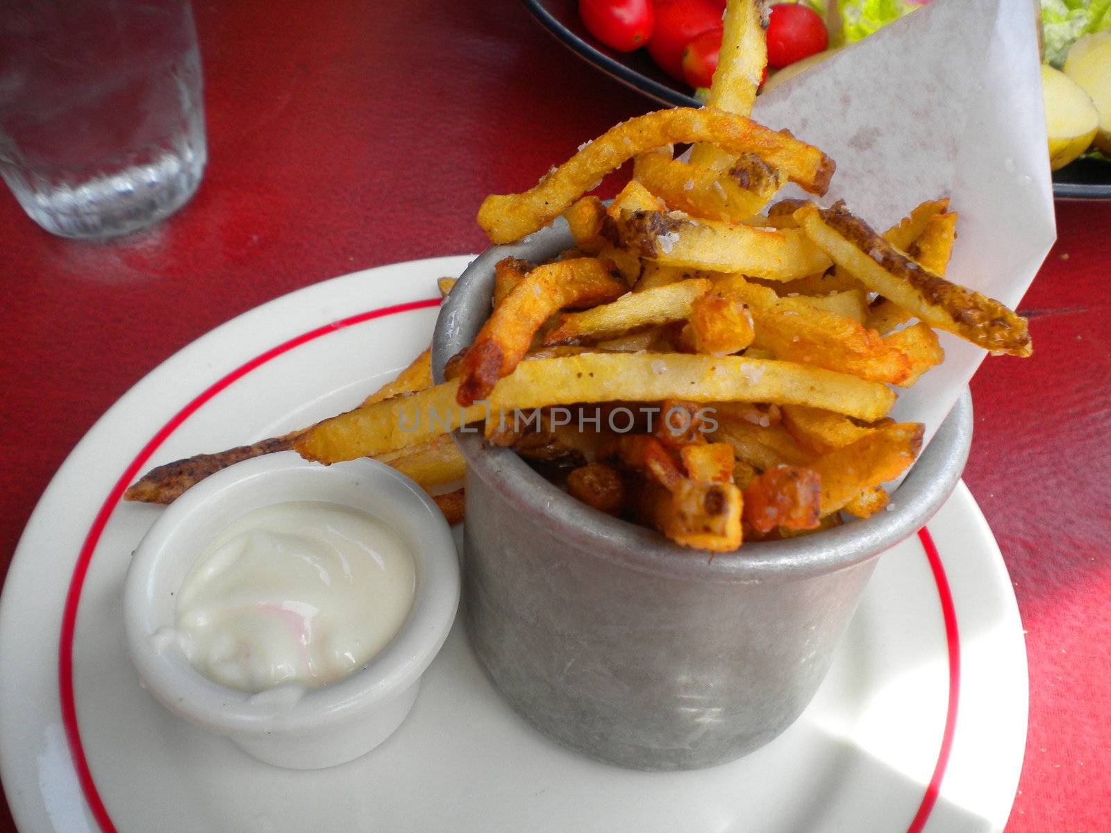 Truffle French fries with a side on mayonnaise on a plate