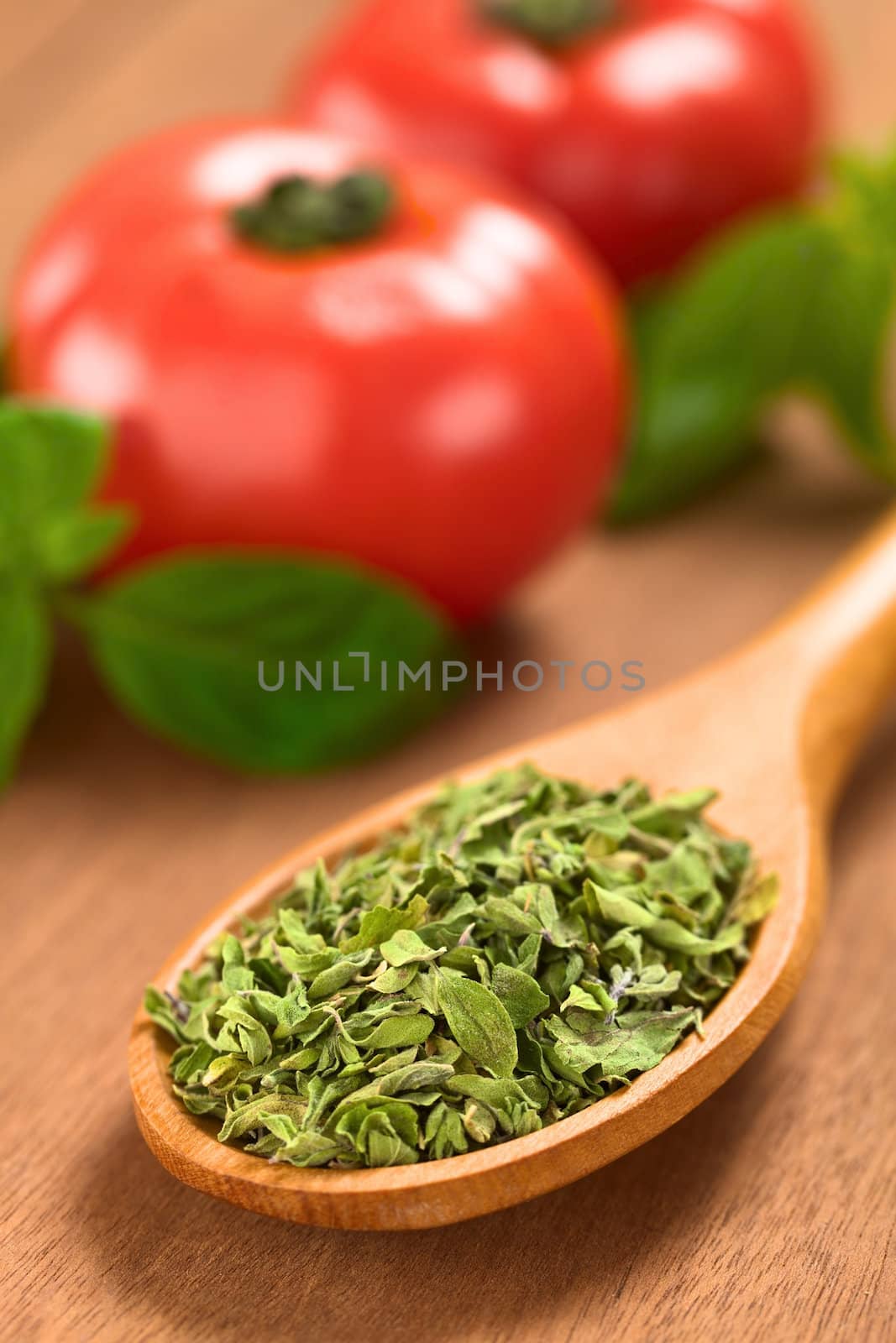 Dried oregano leaves on wooden spoon with tomato and basil in the back (Selective Focus, Focus one third into the dried oregano leaves)