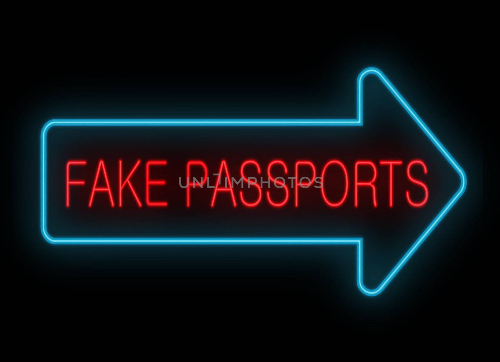Illustration depicting a neon signage with a fake passports concept.