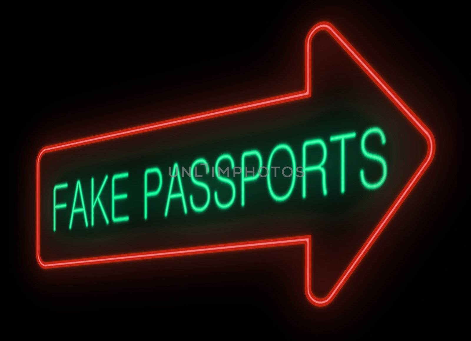 Illustration depicting a neon signage with a fake passports concept.