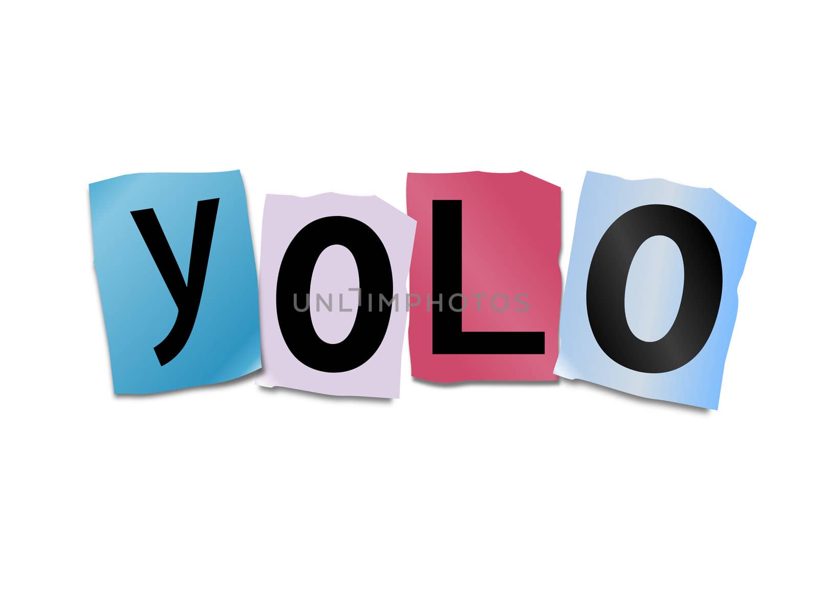 Illustration depicting cutout printed letters arranged to form the word yolo.