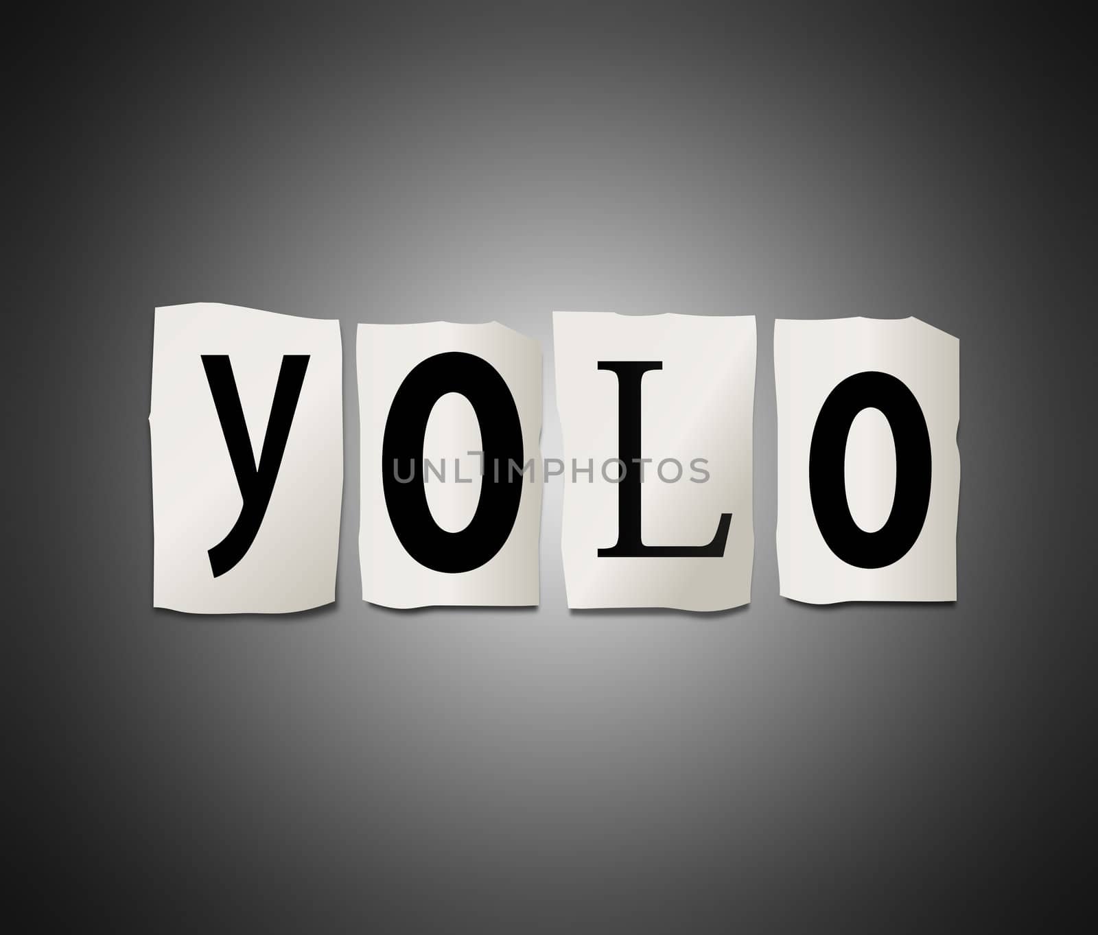 Illustration depicting cutout printed letters arranged to form the word yolo.