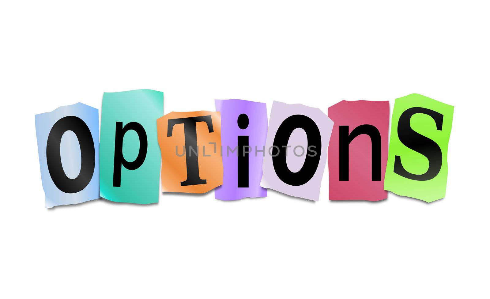 Illustration depicting cutout printed letters arranged to form the word options.