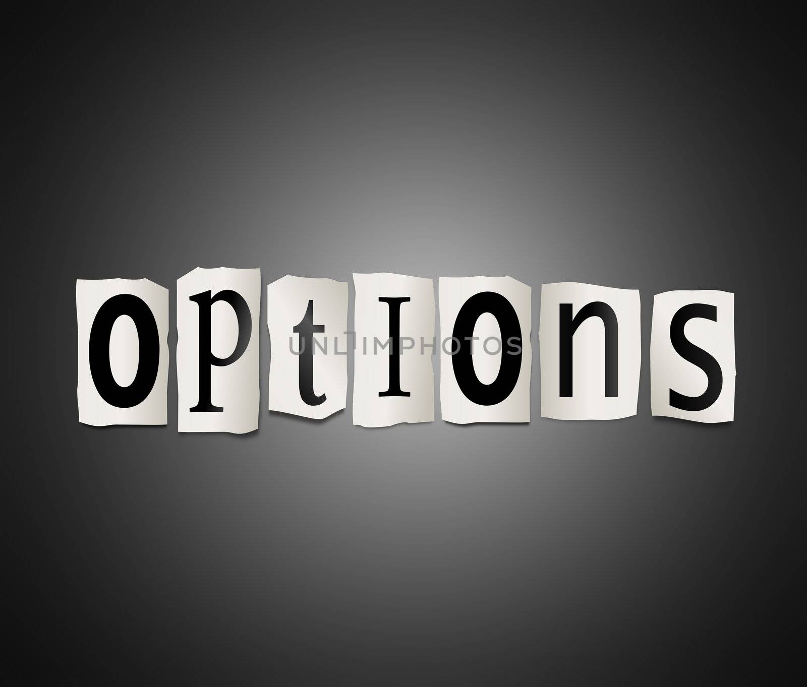 Illustration depicting cutout printed letters arranged to form the word options.
