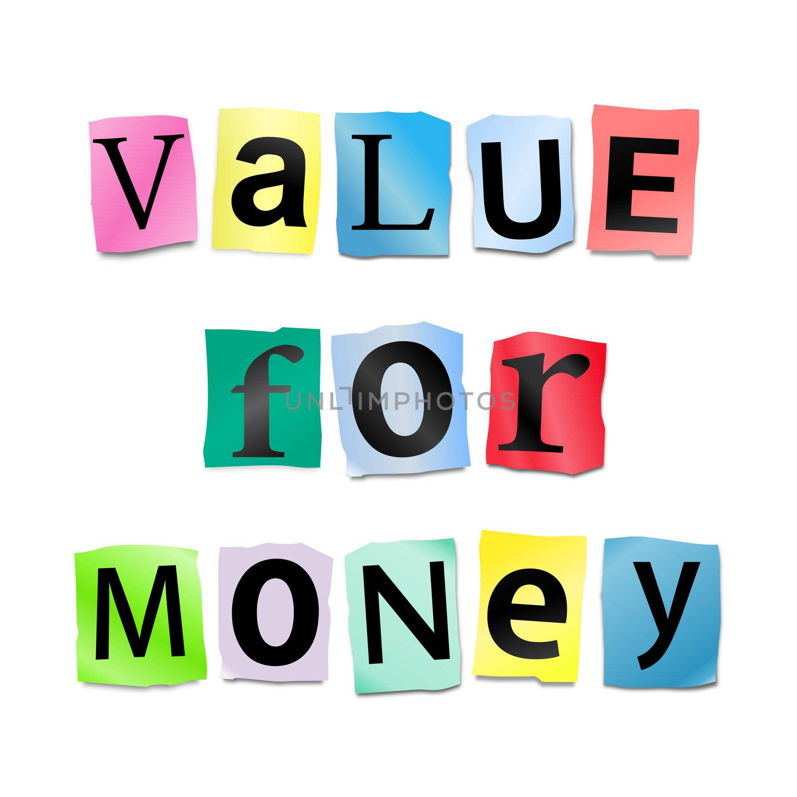 Illustration depicting cutout printed letters arranged to form the words value for money.