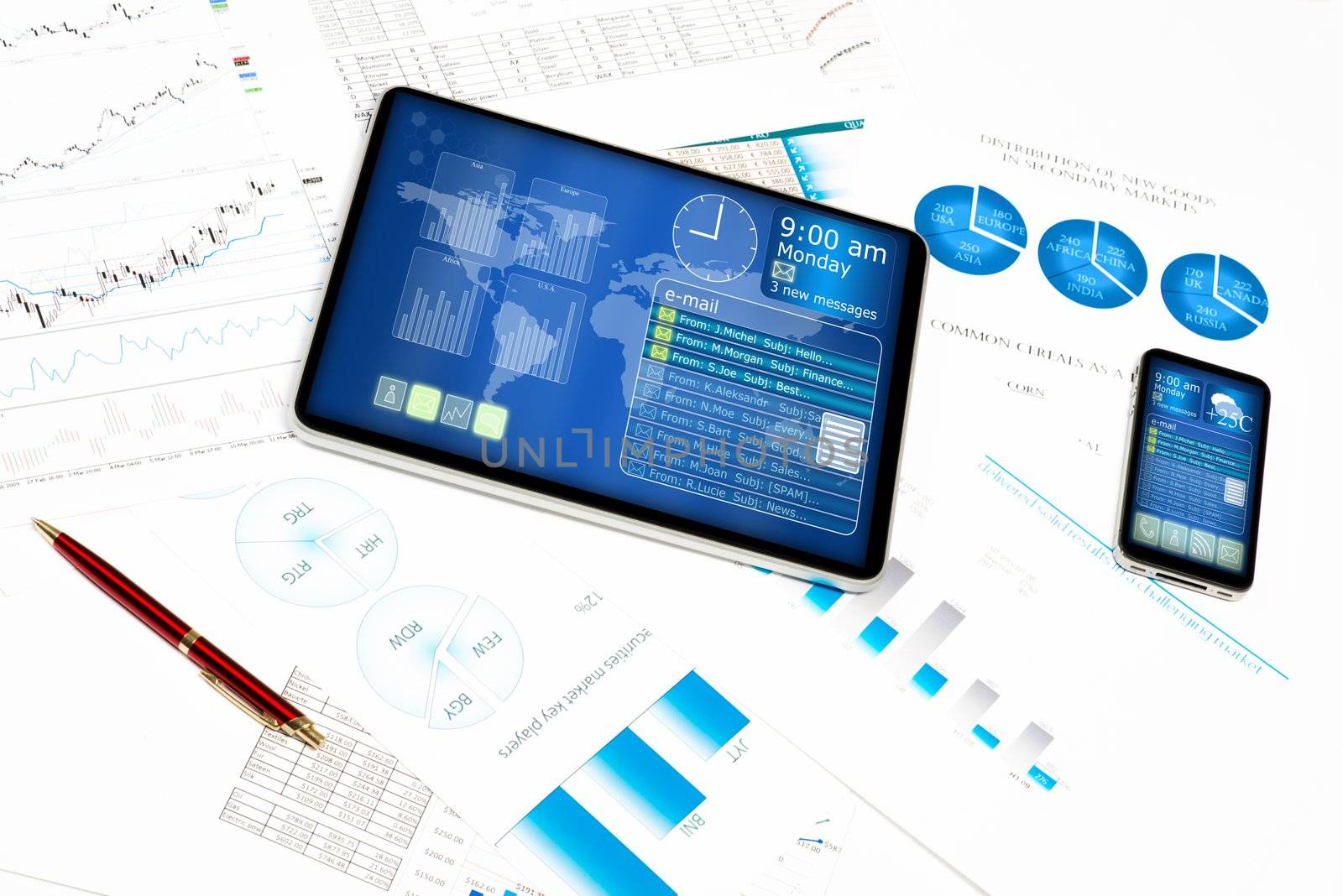 tablet, cell phone and financial documents, still life showing modern technologies in business