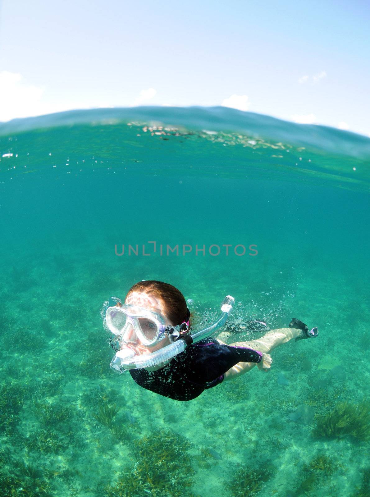 Young woman snorkeling underwater in the clear blue ocean