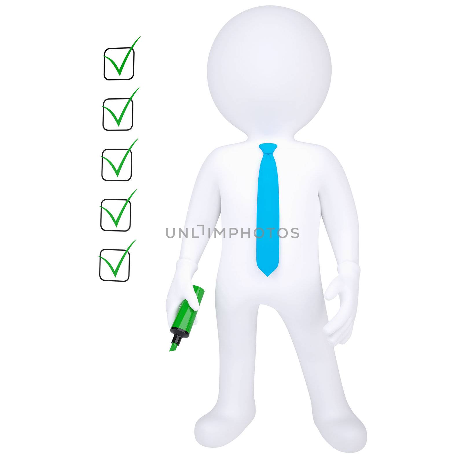 3d human with marker and check list. Isolated render on white background