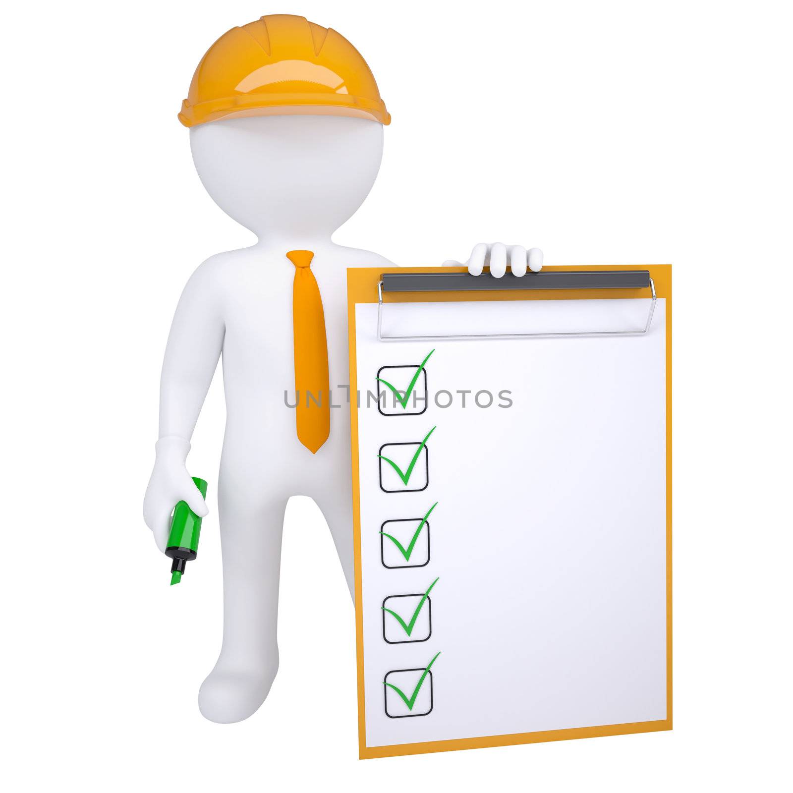 3d human in helmet with marker and check list. Isolated render on white background