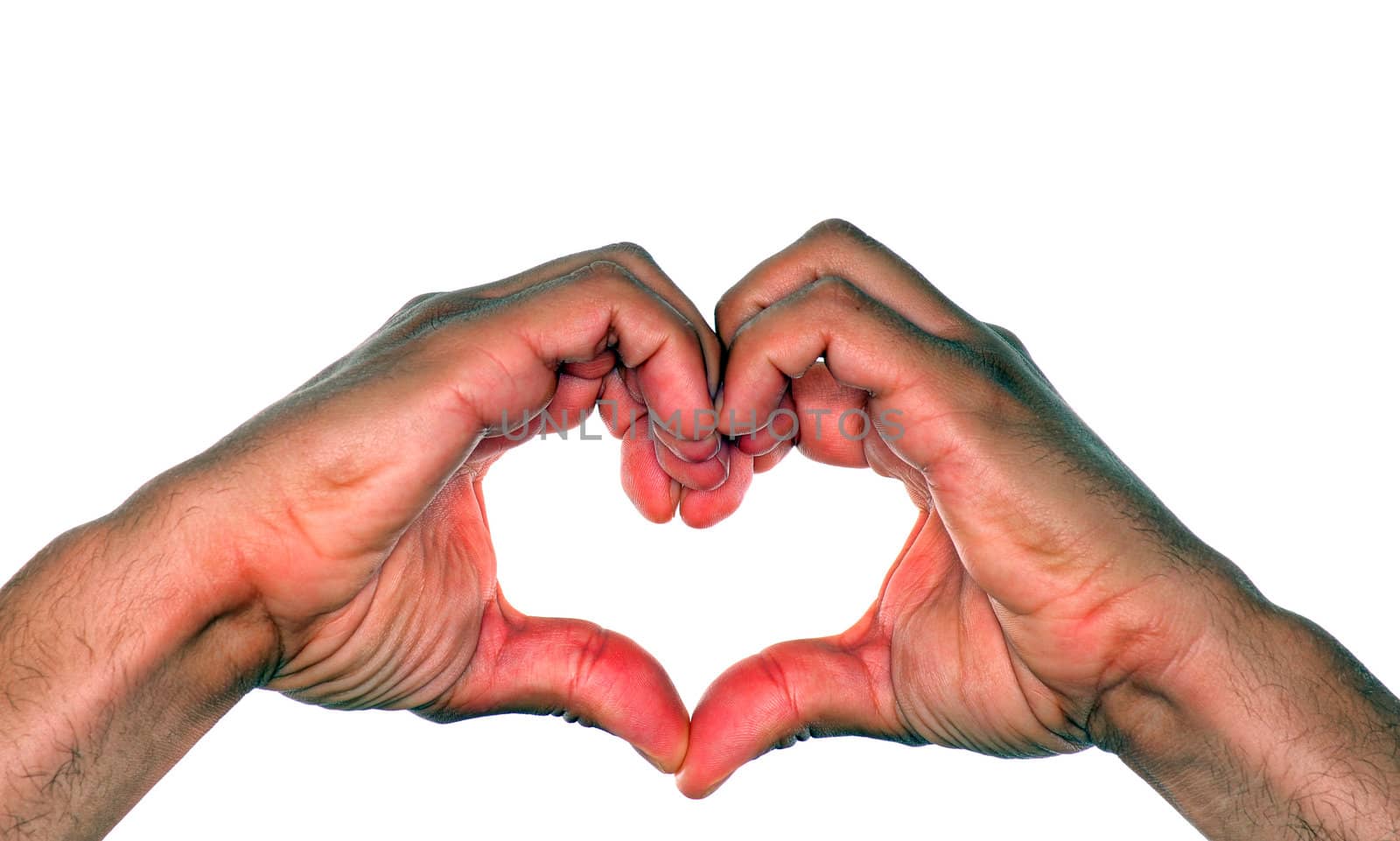 Two male hands making a heart shape against a white background