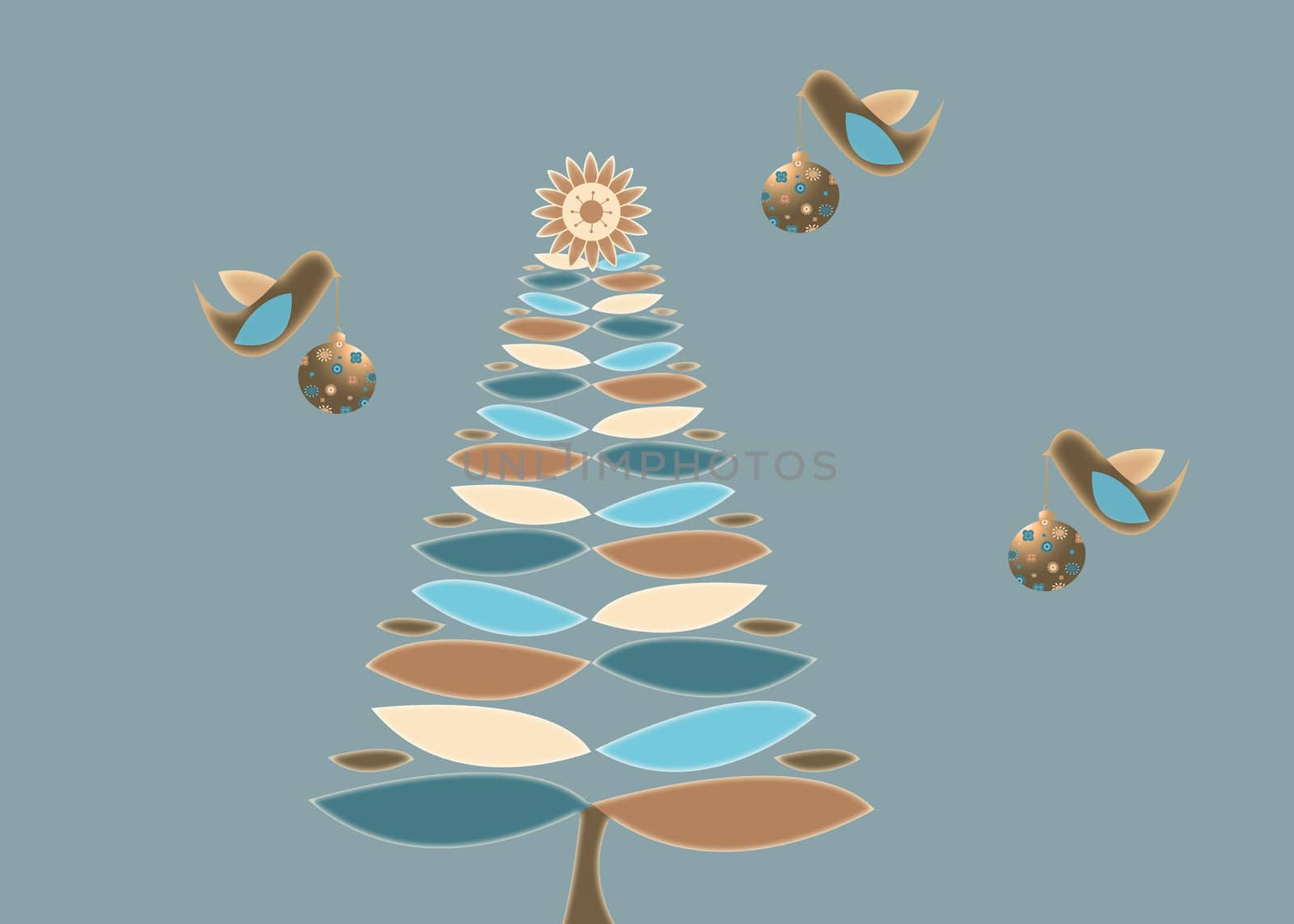 Retro Christmas illustration with birds carrying vintage holiday ornament to decorate Christmas tree