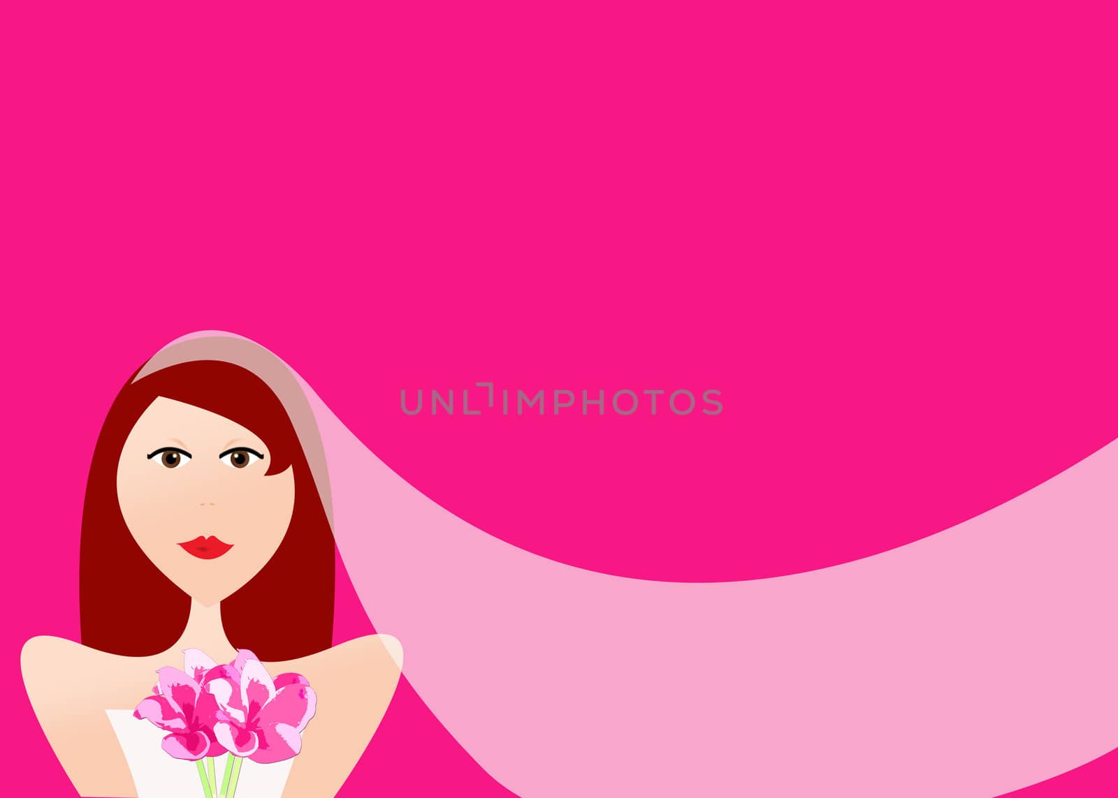 Illustration of bride with red hair and bouquet wearing long, flowing wedding veil on pink background